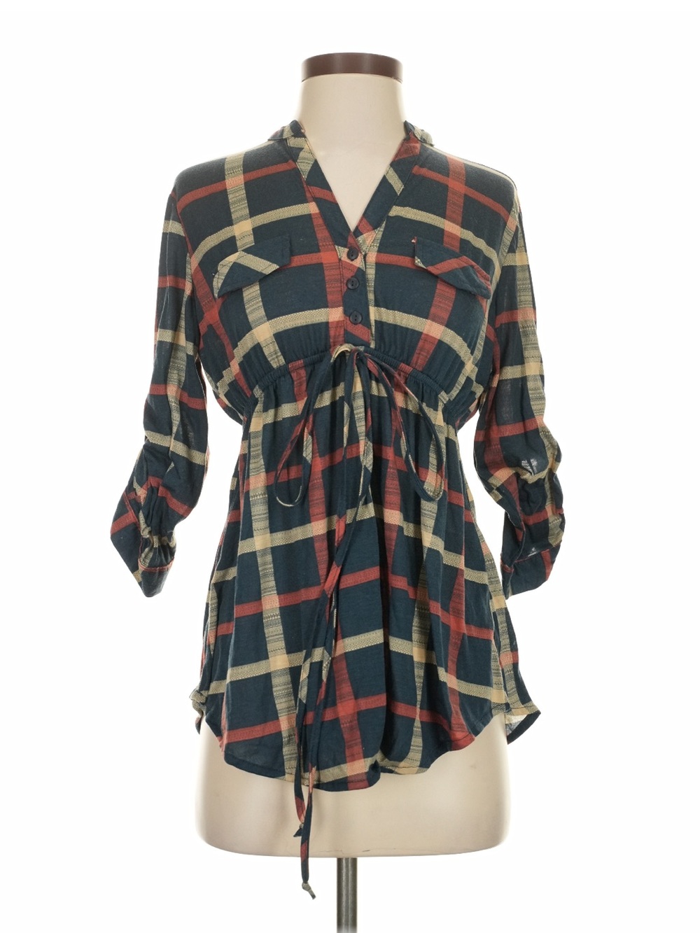 Eden & Olivia Plaid Drawstring Empire Tunic - Green Red Cream